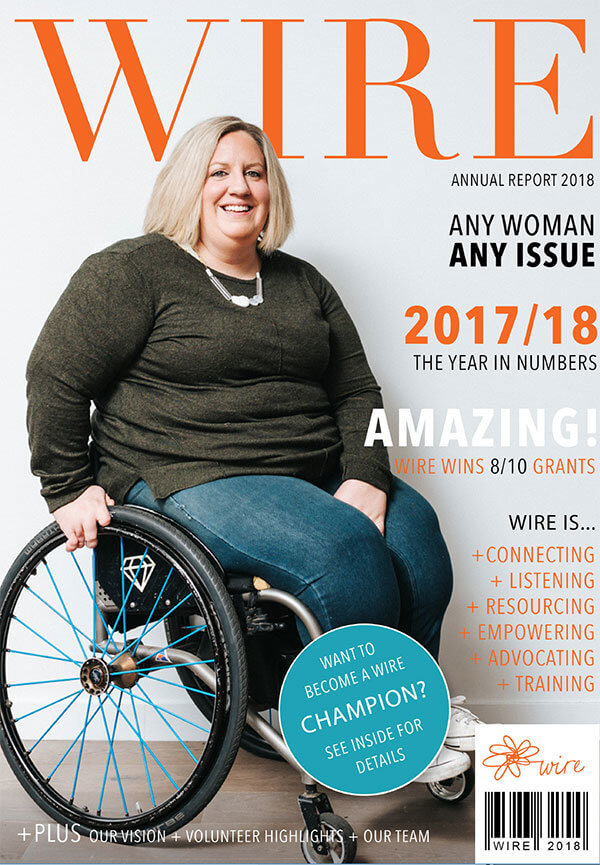 Front cover of WIRE Annual Report 2018 featuring woman smiling in wheelchair withe fierce aqua wheel spokes