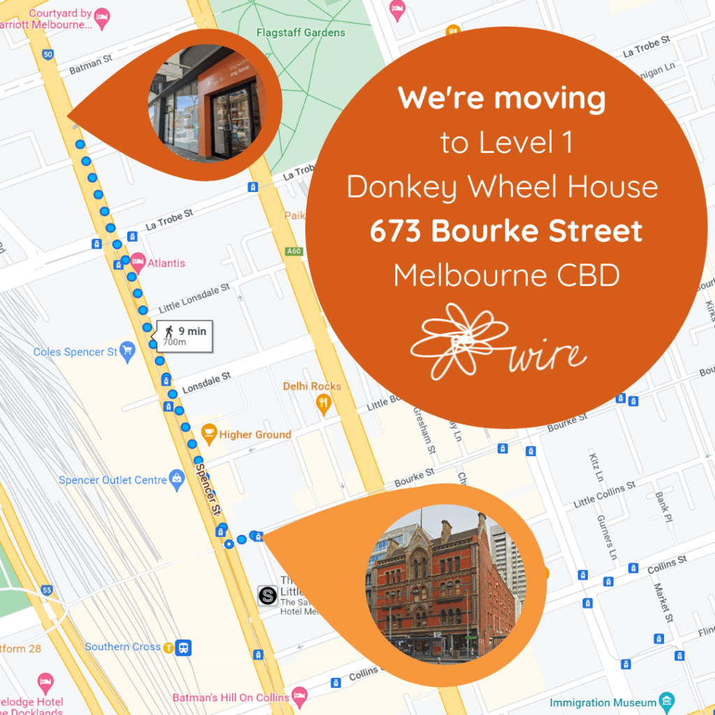 Screenshot of google maps showing a 700m walk along Spencer St to 673 Bourke St. text reads "we're moving to Level 1 Donkey Wheel house 673 Bourke Street Melbourne CBD" with the WIRE logo below. 